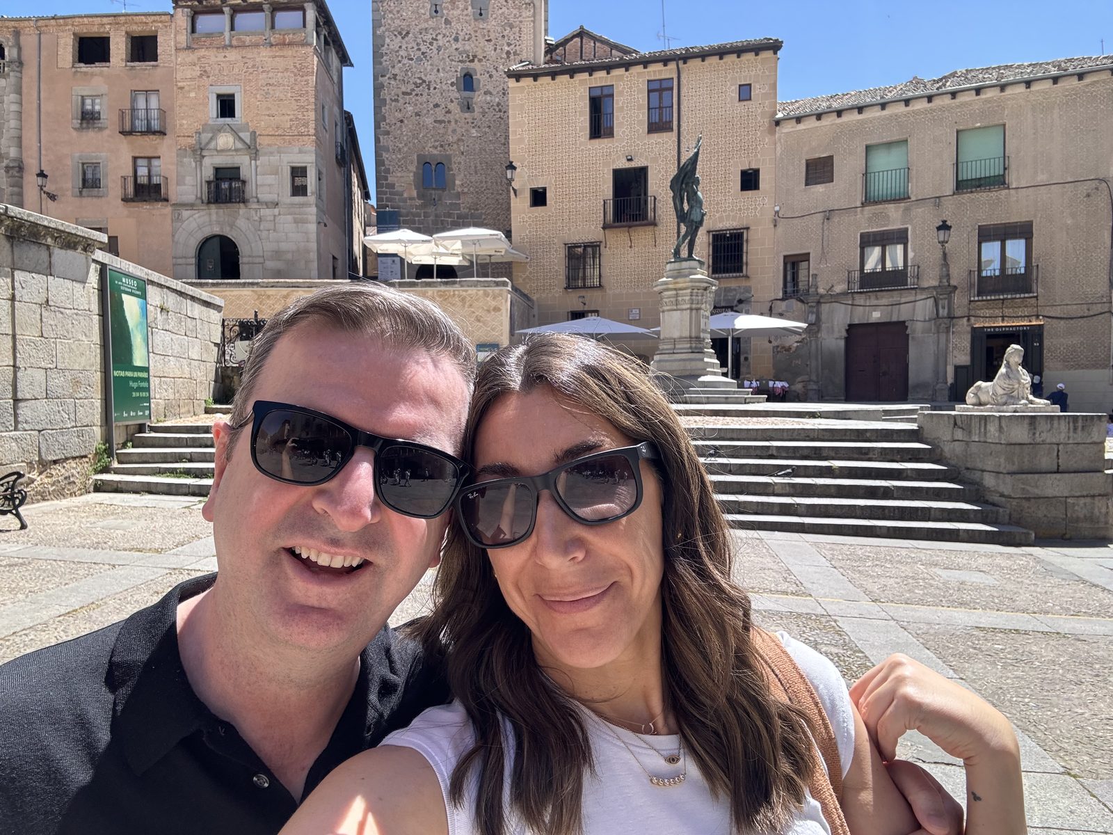 Cristina and Joe in a Spanish plaza